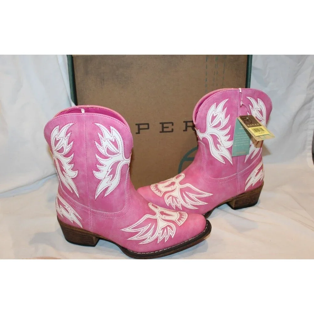 Roper Women's Sz 7 Pink Amelia Tooled Inlay Snip Toe Casual Cowboy Boots NEW